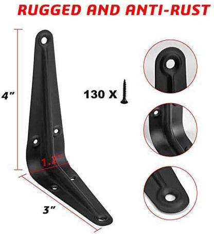20 Pack 4 x 3 Inch Heavy Duty Black Metal Floating Shelves Brackets, L Bracket Corner Brace Support, Wall Mount, 60 lbs Capacity Each