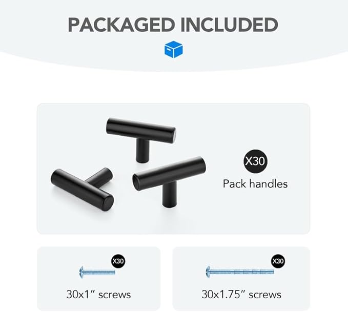 Black Cabinet Handles Single Hole Stainless Steel Drawer Pulls for Cabinets, Dresser, Bathroom 30 Pack