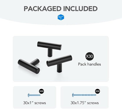 Black Cabinet Handles Single Hole Stainless Steel Drawer Pulls for Cabinets, Dresser, Bathroom 30 Pack