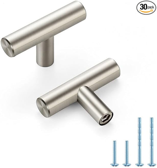 Brushed Nickel Cabinet Handles Single Hole Stainless Steel Drawer Pulls for Cabinets, Dresser, Bathroom 30 Pack