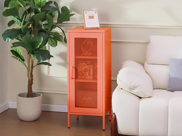Slim Metal Storage Cabinet with Mesh Doors - 42'' Tall Narrow Organizer Tower, Compact Freestanding Cabinet, Versatile Utility Storage for Home, Office, Bedroom, or Kitchen, Durable and Modern Design