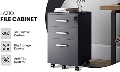 Modern Design Lazio Black File Cabinet, Filing Cabinets for Home Office, Drawers for Under Desk, Locking 3 Drawer Rolling Wood File Cabinet with Lock, by Crafts and Comfort