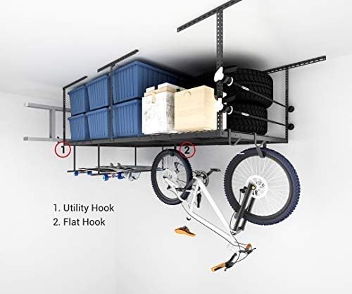 FLEXIMOUNTS 2-Piece Overhead Garage Storage Rack Set w/Hooks Adjustable Ceiling Storage Racks, 96" Length x 48" Width x 40" Height, 2 Sets, Black, Classic Series