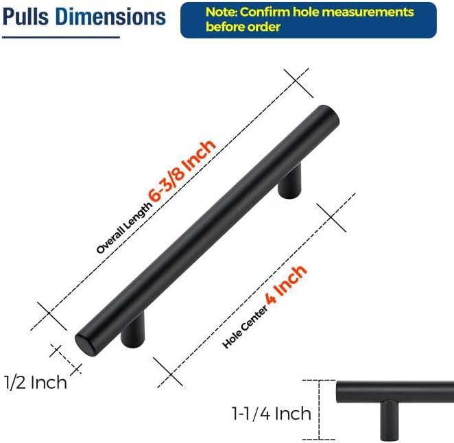 JOY DECOR 3 Pack Cabinet Handles, Black Cabinet Pulls, 4 in Hole Center Kitchen Hardware, Stainless Steel T Bar Handles for Dresser Drawers