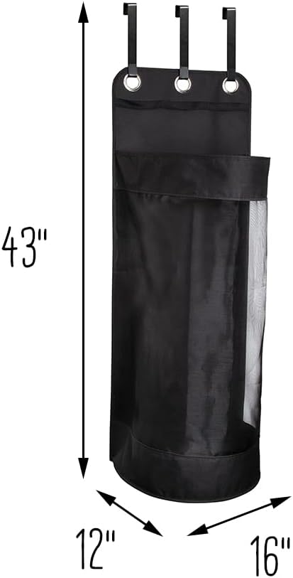 Hanging Sports Equipment Organizer with Hooks, Black Mesh, 16 in W x 43 in H x 12 in D