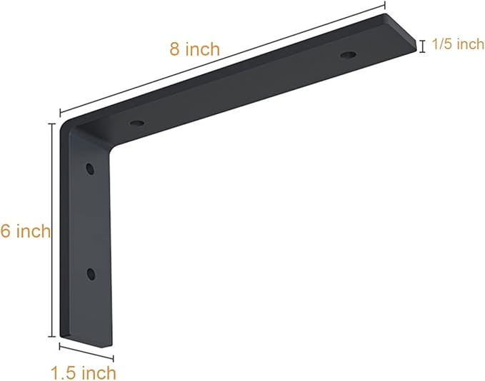 Heavy Duty Shelf Brackets 8 inch Rustic L Black Shelf Brackets 8 x 6 inches Metal Iron Industrial Shelf Bracket - L8 x H 6" x W 1.5" - 4 Pack