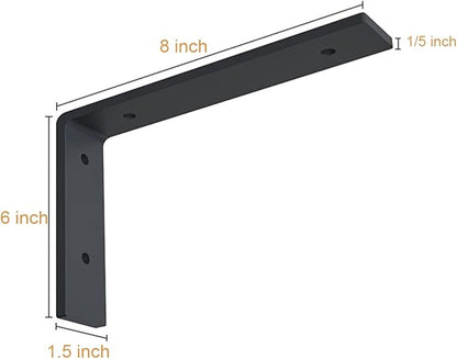 Heavy Duty Shelf Brackets 8 inch Rustic L Black Shelf Brackets 8 x 6 inches Metal Iron Industrial Shelf Bracket - L8 x H 6" x W 1.5" - 4 Pack