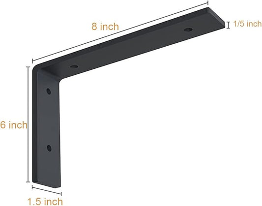 Heavy Duty Shelf Brackets 8 inch Rustic L Black Shelf Brackets 8 x 6 inches Metal Iron Industrial Shelf Bracket - L8 x H 6" x W 1.5" - 4 Pack