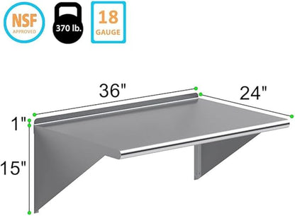 Stainless Steel Wall Shelf | Metal Shelving | Garage, Laundry, Storage, Utility Room | Restaurant, Commercial Kitchen | NSF Certified | (24" x 36")
