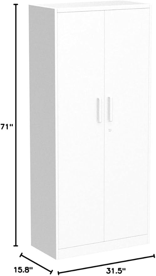 Metal Garage Storage Cabinet, 71" Locking Cabinet with 2 Doors and 5 Adjustable Shelves, White