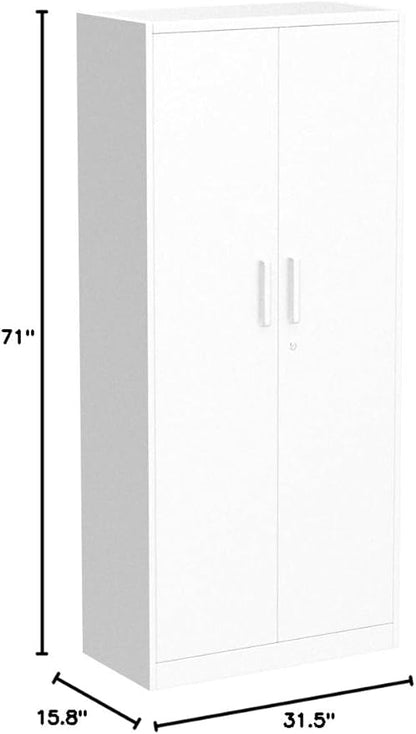 Metal Garage Storage Cabinet, 71" Locking Cabinet with 2 Doors and 5 Adjustable Shelves, White