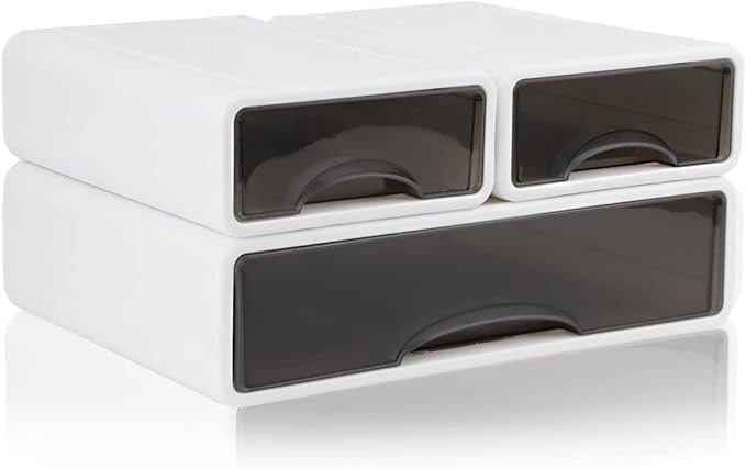 Stackable Desk Organizer, 3-Piece Plastic Drawer Set, White, 13" Wide Letter Size, 3 Drawers