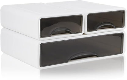 Stackable Desk Organizer, 3-Piece Plastic Drawer Set, White, 13" Wide Letter Size, 3 Drawers