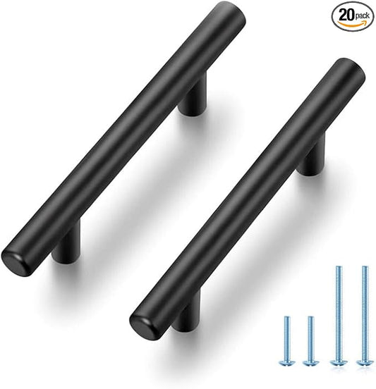 JOY DECOR 20 Pack 5 Inch Cabinet Pulls Kitchen Cabinet Handles with 3 Inch Hole Center Matte Black Cabinet Hardware Stainless Steel Kitchen Drawer Pulls for Cabinets Cupboard, 76mm Hole Centers