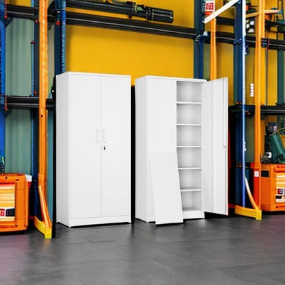 Yizosh Metal Garage Storage Cabinet with 2 Doors and 5 Adjustable Shelves - 71" Steel Lockable File Cabinet,Locking Tool Cabinets for Office,Home,Garage,Gym,School (White)