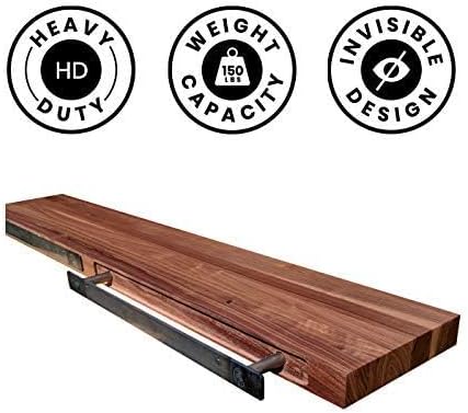 Floating Shelf Bracket 2 Pack - 32” Hidden Shelf Brackets, 150 LB Weight Capacity, Supports Wall Mounted Floating Shelves of Any Length, 3/4 Inch Industrial Solid Steel Support Rods Walnut Wood Works