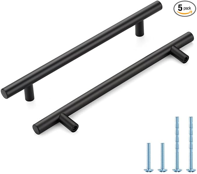 Black Cabinet Handles 6-1/4 Inch Hole Spacing Stainless Steel Drawer Pulls for Cabinets, Dresser, Bathroom 5 Pack