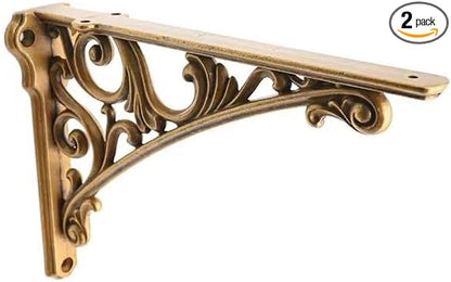 Decorative Shelf Bracket 6 inch, Antique Brass Shelf Brackets for Shelving, Heavy Duty Vintage, DIY Projects, Hardware Included, 2 Pack, 5.9x4.17x1.73 inch,Baroque Style