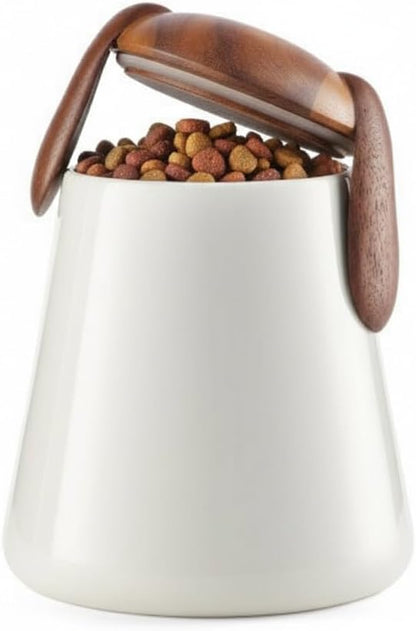 nambe Dog Treat Jar | Pet Food Storage Container | Puppy Ears Design | Made of Porcelain with Acacia Wood Lid | Measures 6.5 x 7.5 Inch | Designed by Karim Rashid