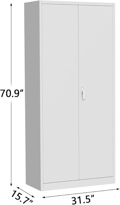 71" Metal Garage Storage Cabinet with 2 Doors and 4 Adjustable Shelves, Steel Lockable File Cabinet, Locking Tool Cabinets for Pantry, Garage, Office, Shop, Organization, Etc, White