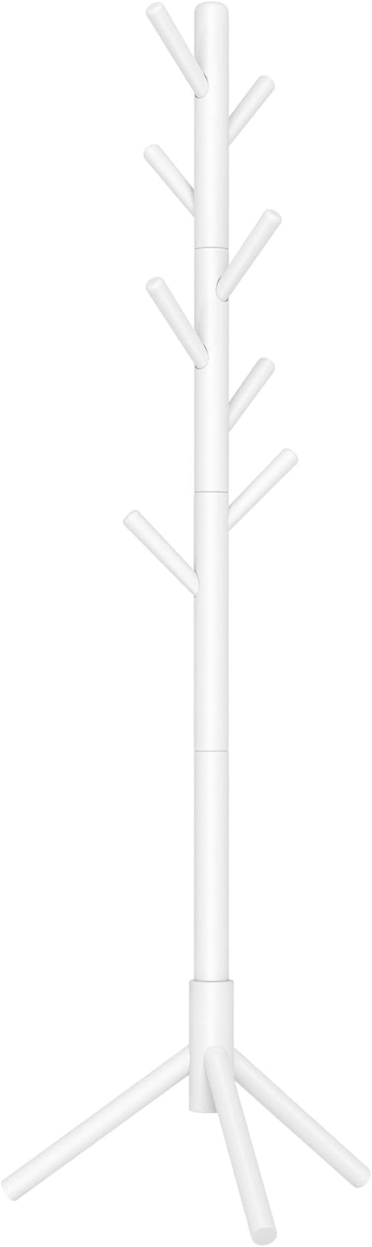 VASAGLE Solid Wood Coat Rack, Free Standing Tree-Shaped Coat Rack with 8 Hooks, 3 Height Options, for Clothes, Hats, Bags, Living Room, Bedroom, Home Office, White URCR04WT