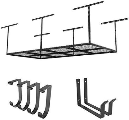 FLEXIMOUNTS 2-Piece Overhead Garage Storage Rack Set w/Hooks Adjustable Ceiling Storage Racks, 96" Length x 48" Width x 40" Height, 2 Sets, Black, Classic Series