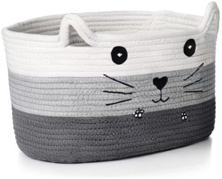 Zopeal Cat Basket Storage Woven Organizer with Ears Easter Decorative Gift Pet Toy Cute Cotton Rope Basket for Gift Cat Dog Toy Bin Nursery Room(13.7 x 7.8 Inch,White, Light Gray, Dark Gray)