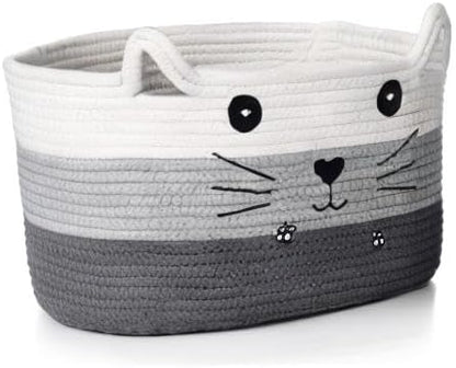 Zopeal Cat Basket Storage Woven Organizer with Ears Easter Decorative Gift Pet Toy Cute Cotton Rope Basket for Gift Cat Dog Toy Bin Nursery Room(13.7 x 7.8 Inch,White, Light Gray, Dark Gray)