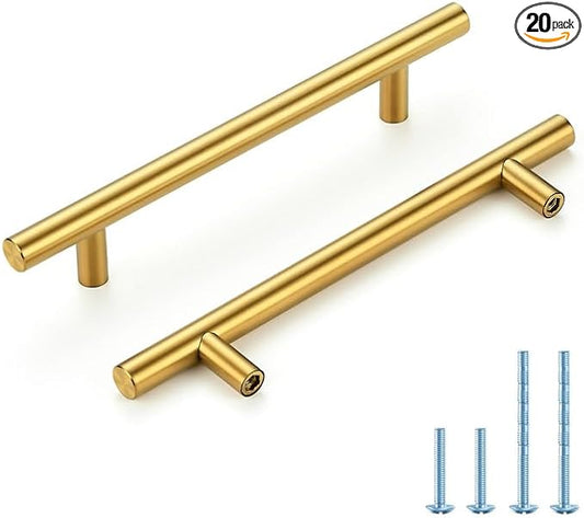 Brushed Brass Cabinet Handles 5 Inch Hole Spacing Stainless Steel Drawer Pulls for Cabinets, Dresser, Bathroom 20 Pack
