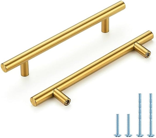 Brushed Brass Cabinet Handles 5 Inch Hole Spacing Stainless Steel Drawer Pulls for Cabinets, Dresser, Bathroom 45 Pack