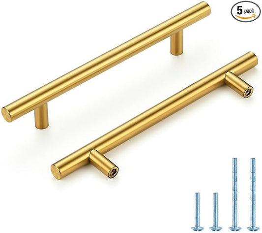 Brushed Brass Cabinet Handles 5 Inch Hole Spacing Stainless Steel Drawer Pulls for Cabinets, Dresser, Bathroom 5 Pack