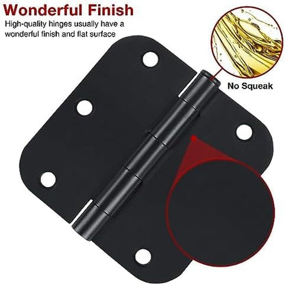 Matte Black Door Hinges 3.5 Inch Rounded 12 Pack Interior 3 1/2" Flat Iron Hinge 5/8" Radius 3 ½"Doors Hardware for Wood Frame and Clear Glass Indoor Bed Room,DIY Assemblely Gate,Closet,Table,Farm