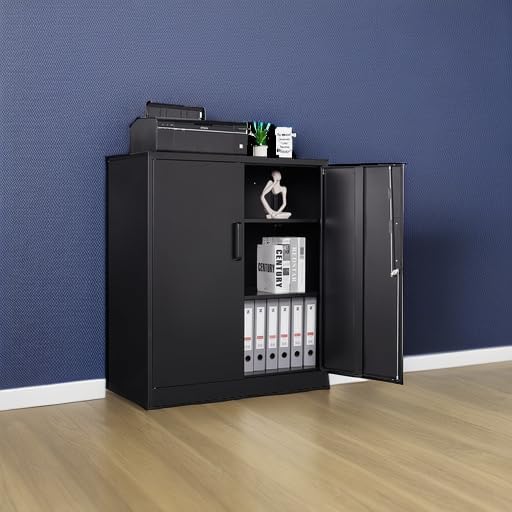 Metal Storage Cabinet, Lockable Steel Storage Cabinet with 2 Doors and Shelves, Metal Cabinet with Lock, Small Locking Cabinet for Home Office (Black)