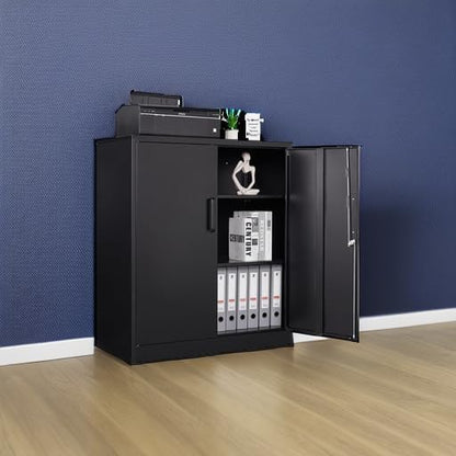 Metal Storage Cabinet, Lockable Steel Storage Cabinet with 2 Doors and Shelves, Metal Cabinet with Lock, Small Locking Cabinet for Home Office (Black)