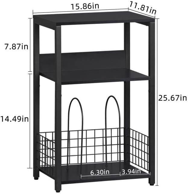 LELELINKY Black End Table, Small Side Table with Metal Frame,Modern Record Player Stand with Storage Shelf, Wood 3 Tier Sofa Bedside Tables, Narrow Nightstand for Living Room Bedroom Office