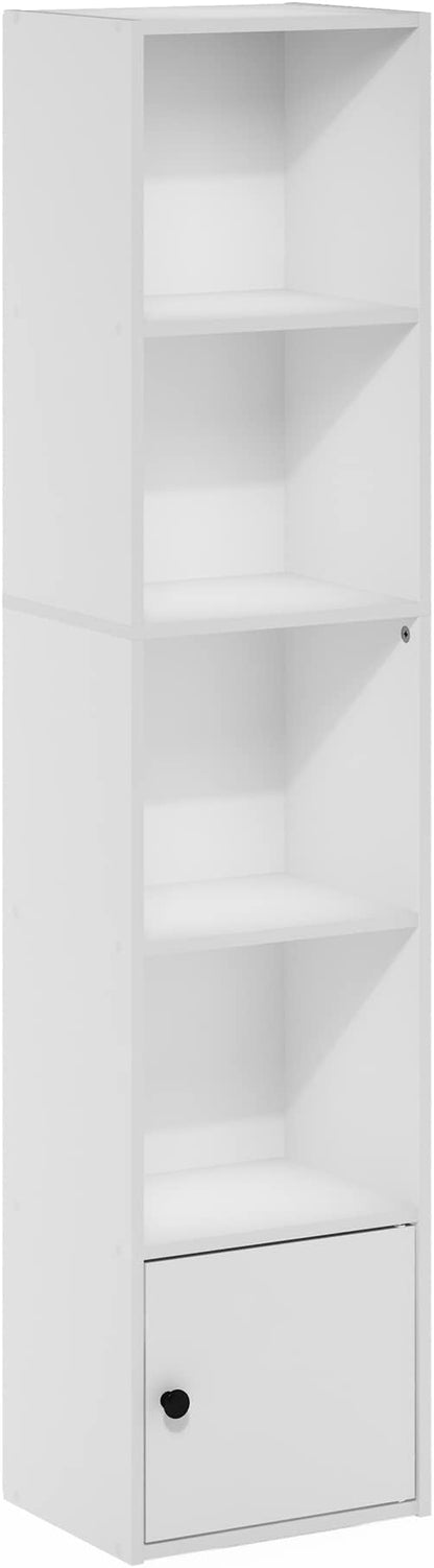 Furinno LUDER Book Shelf, 5-Tier Modern Bookshelf, Bookcase with 1 Door Storage Cabinet, 9.3 x 12 x 52, for Living Room, Bedroom, Home Office, White