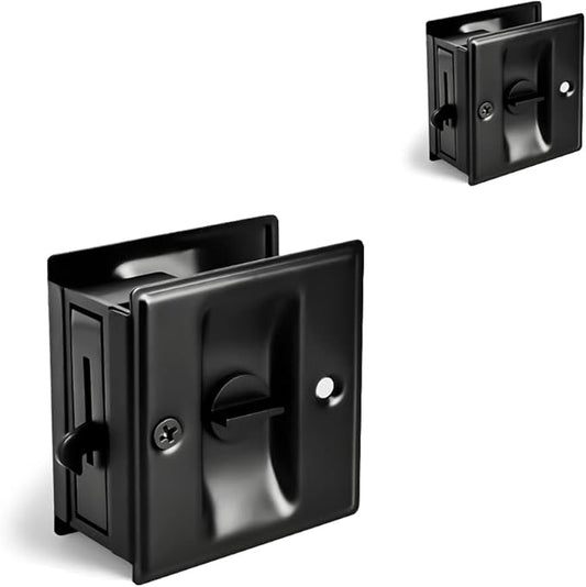 HOMOTEK 2 Pack Privacy Pocket Door Lock Hardware with Pull - Replace Old Or Damaged Sliding Door Locks Quickly and Easily, 2-3/4”x2-1/2”, for 1-3/8” Thickness Door, Black