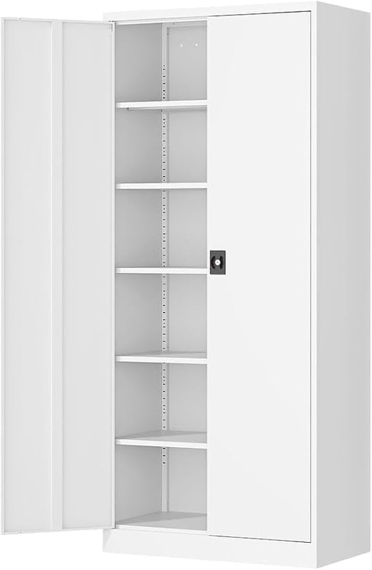 Metal Storage Cabinet-71” Tall Steel File Cabinets with Lockable Doors and Adjustable Shelves-White Steel Storage Cabinet for Home,Kitchen, School, Office, Garage