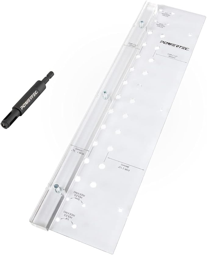 POWERTEC Shelf Pin Jig with 1/4" Self Pin Bit, Self Centering Drill Bit for 3/8' Holes, Woodworking Tool for Installing Shelf Pegs & Making Shelves & Cabinets (71653)