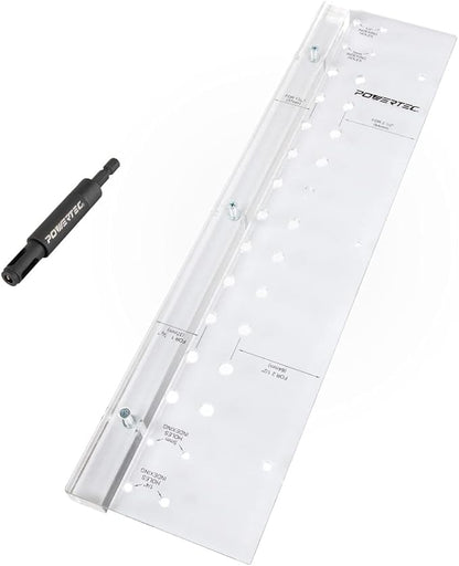 POWERTEC Shelf Pin Jig with 1/4" Self Pin Bit, Self Centering Drill Bit for 3/8' Holes, Woodworking Tool for Installing Shelf Pegs & Making Shelves & Cabinets (71653)