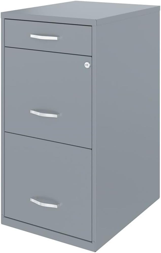 Scranton & Co 18" 3-Drawer Metal Filing Cabinet, Gray Finish, High-Sided Letter File Storage, Locking Top Drawers with Pencil Organizer, Smooth Glide Suspension, Compact Home or Office Use