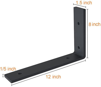 12 Inch Shelf Bracket Heavy Duty L Shelf Bracket 12 x 8 Inch Metal Shelf Bracket with Hardware, Black, 4 Pack