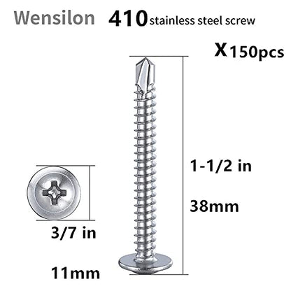 Wensilon（150pcs）#8×1-1/2”for Sheet Metal Self-Tapping Screws 410 Stainless Steel Truss Head High-Strength Quick Tapping Screws