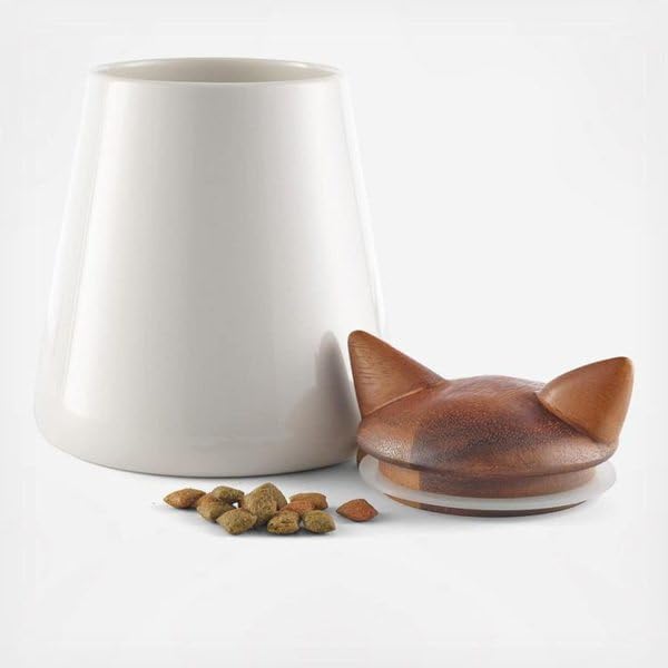 Nambé Cat Treat Jar - 5.5” x 7”, Decorative Feline Storage Container with Acacia Wood Lid & Porcelain Base - Airtight Countertop Jar for Pet Treats, Snacks & Kitchen Décor
