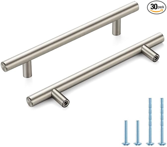 Brushed Nickel Cabinet Handles 5 Inch Hole Spacing Stainless Steel Drawer Pulls for Cabinets, Dresser, Bathroom 30 Pack