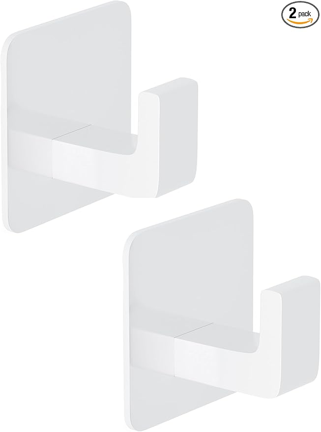 Square Self Adhesive Towel Hooks - 2 Pack Matte White Metal Hooks, Right-Angle Design for Towels, Robes & Hats, Organize Bathroom, Kitchen, Entryway, Doors, Cabinets on Smooth Surfaces