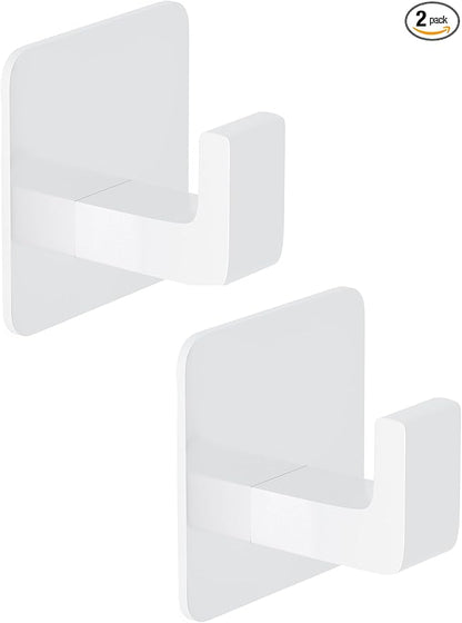 Square Self Adhesive Towel Hooks - 2 Pack Matte White Metal Hooks, Right-Angle Design for Towels, Robes & Hats, Organize Bathroom, Kitchen, Entryway, Doors, Cabinets on Smooth Surfaces