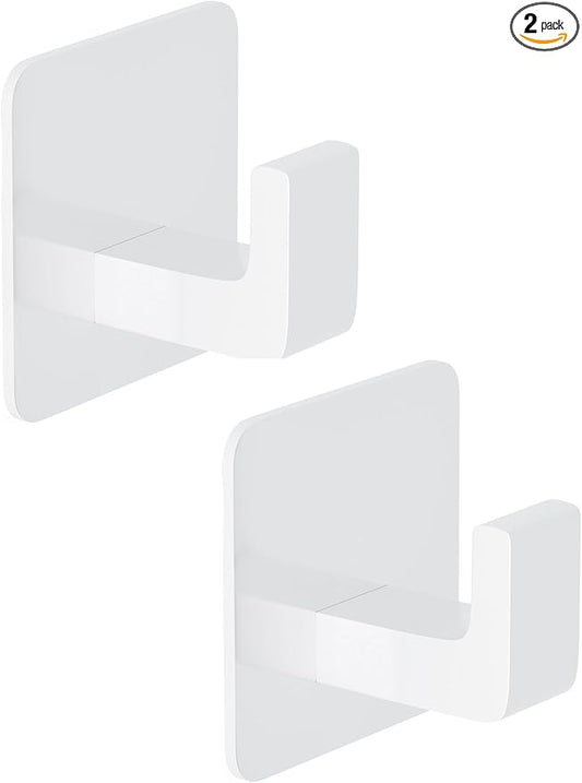 Square Self Adhesive Towel Hooks - 2 Pack Matte White Metal Hooks, Right-Angle Design for Towels, Robes & Hats, Organize Bathroom, Kitchen, Entryway, Doors, Cabinets on Smooth Surfaces