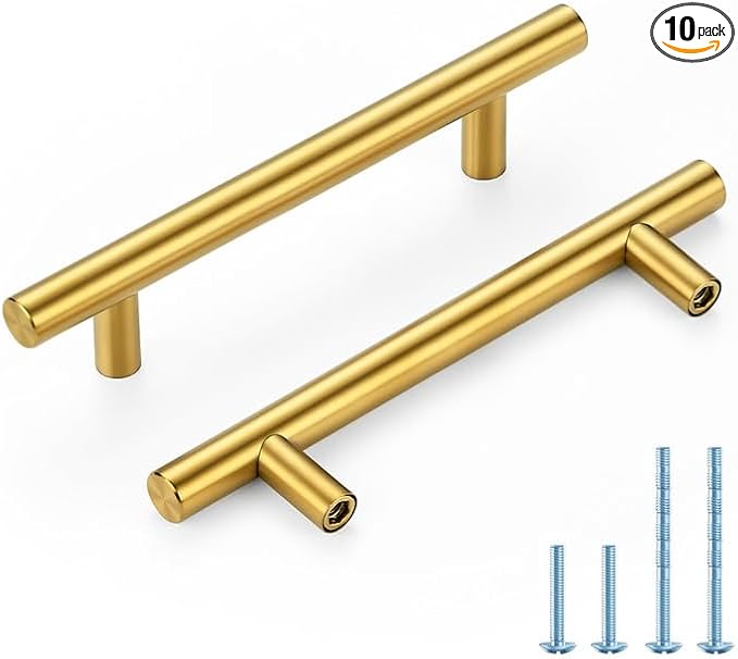 Brushed Brass Cabinet Handles 4 Inch Hole Spacing Stainless Steel Drawer Pulls for Cabinets, Dresser, Bathroom 10 Pack