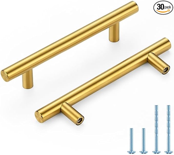 Brushed Brass Cabinet Handles 4 Inch Hole Spacing Stainless Steel Drawer Pulls for Cabinets, Dresser, Bathroom 30 Pack